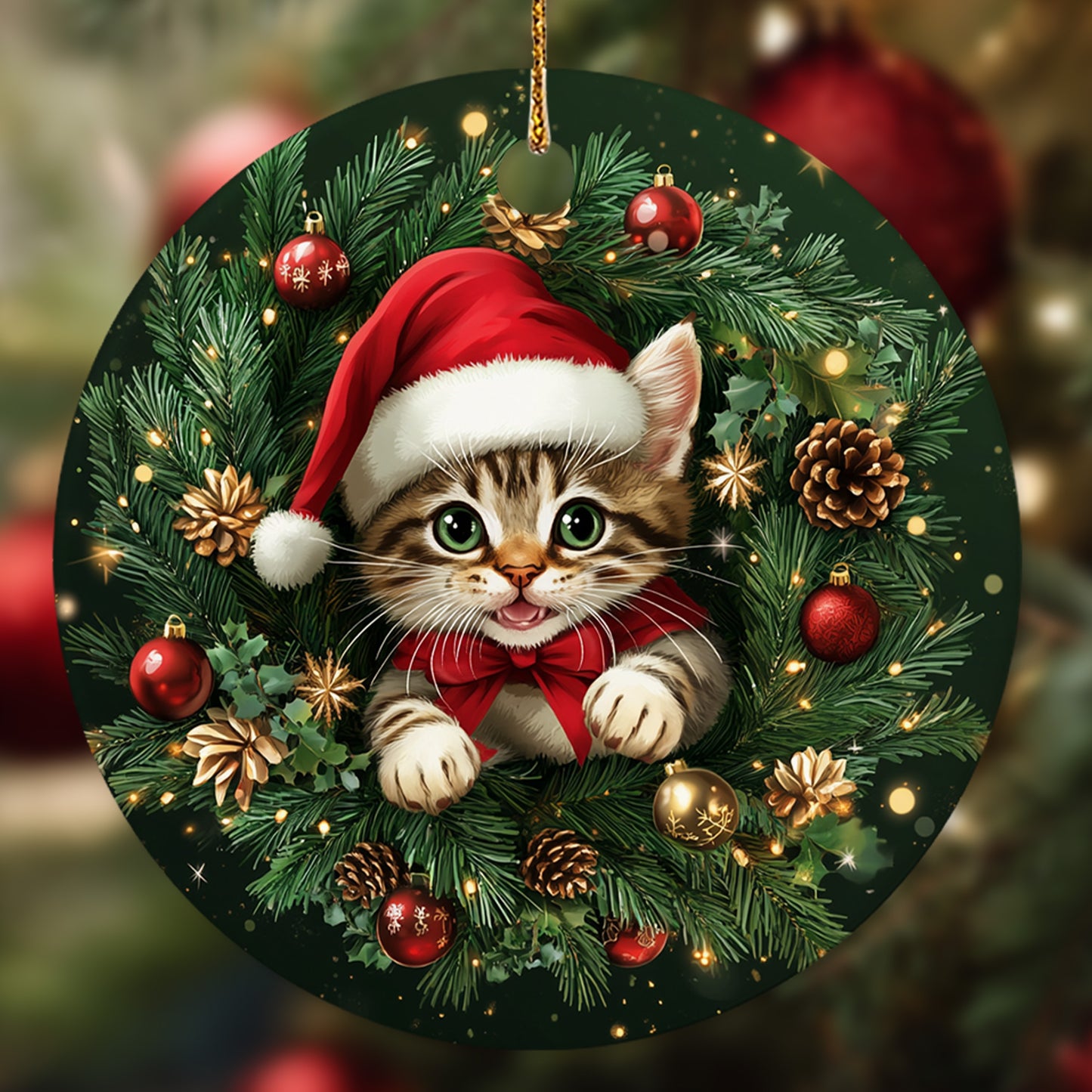 Netecom Cute Cat Christmas Ornament, Kitten with Santa Hat Ceramic Ornament for Xmas Tree Hanging Decorations Gift, Cat Lover Gifts, Holiday Party Present