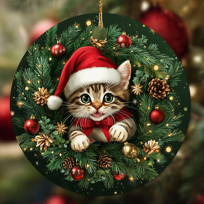 Netecom Cute Cat Christmas Ornament, Kitten with Santa Hat Ceramic Ornament for Xmas Tree Hanging Decorations Gift, Cat Lover Gifts, Holiday Party Present
