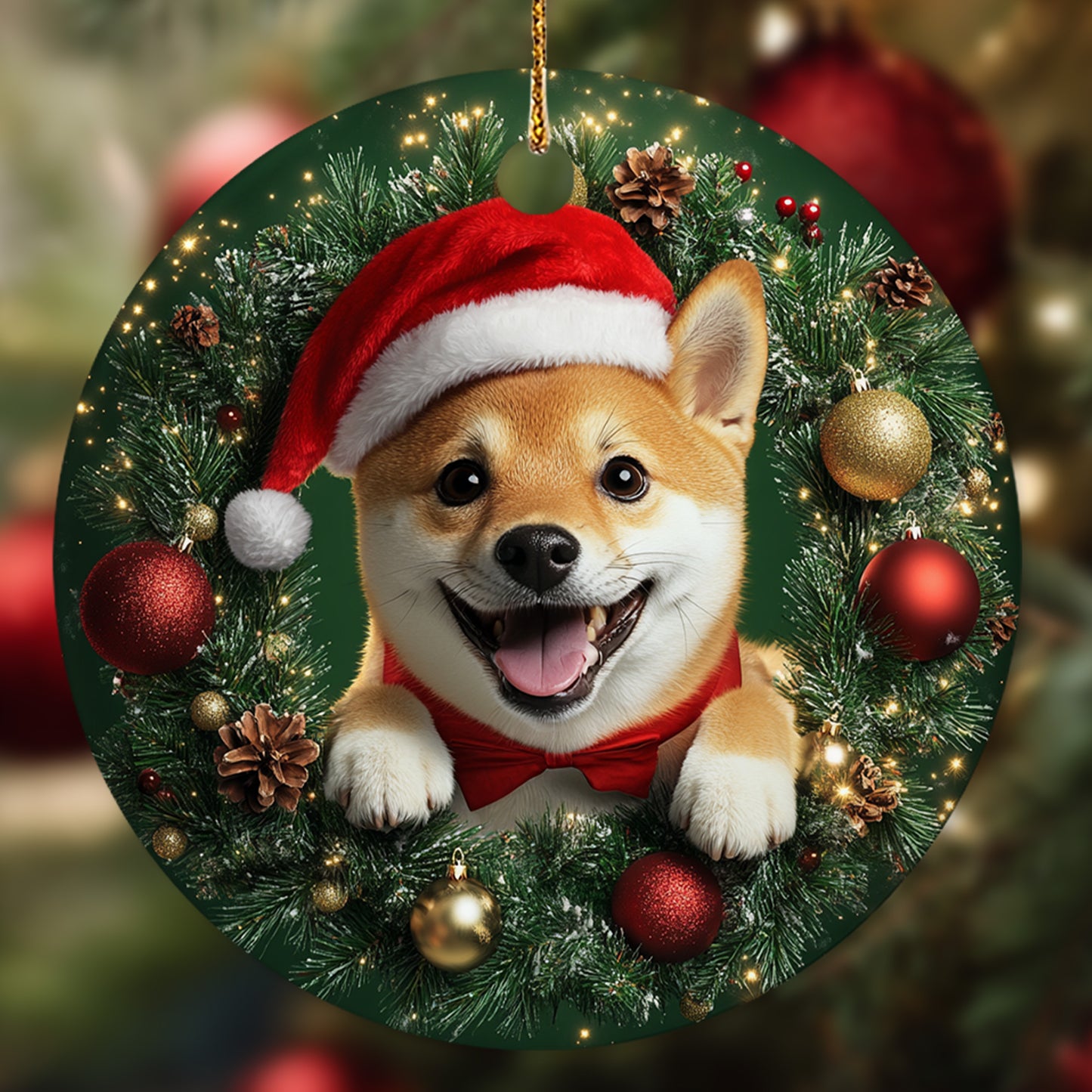 Netecom Funny Shiba Inu Christmas Ornament, Dog Santa Hat Ceramic Ornament for Xmas Tree Hanging Decorations Gift, Puppy Lover Gifts, Home Decor, Holiday Party Present