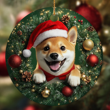 Netecom Funny Shiba Inu Christmas Ornament, Dog Santa Hat Ceramic Ornament for Xmas Tree Hanging Decorations Gift, Puppy Lover Gifts, Home Decor, Holiday Party Present