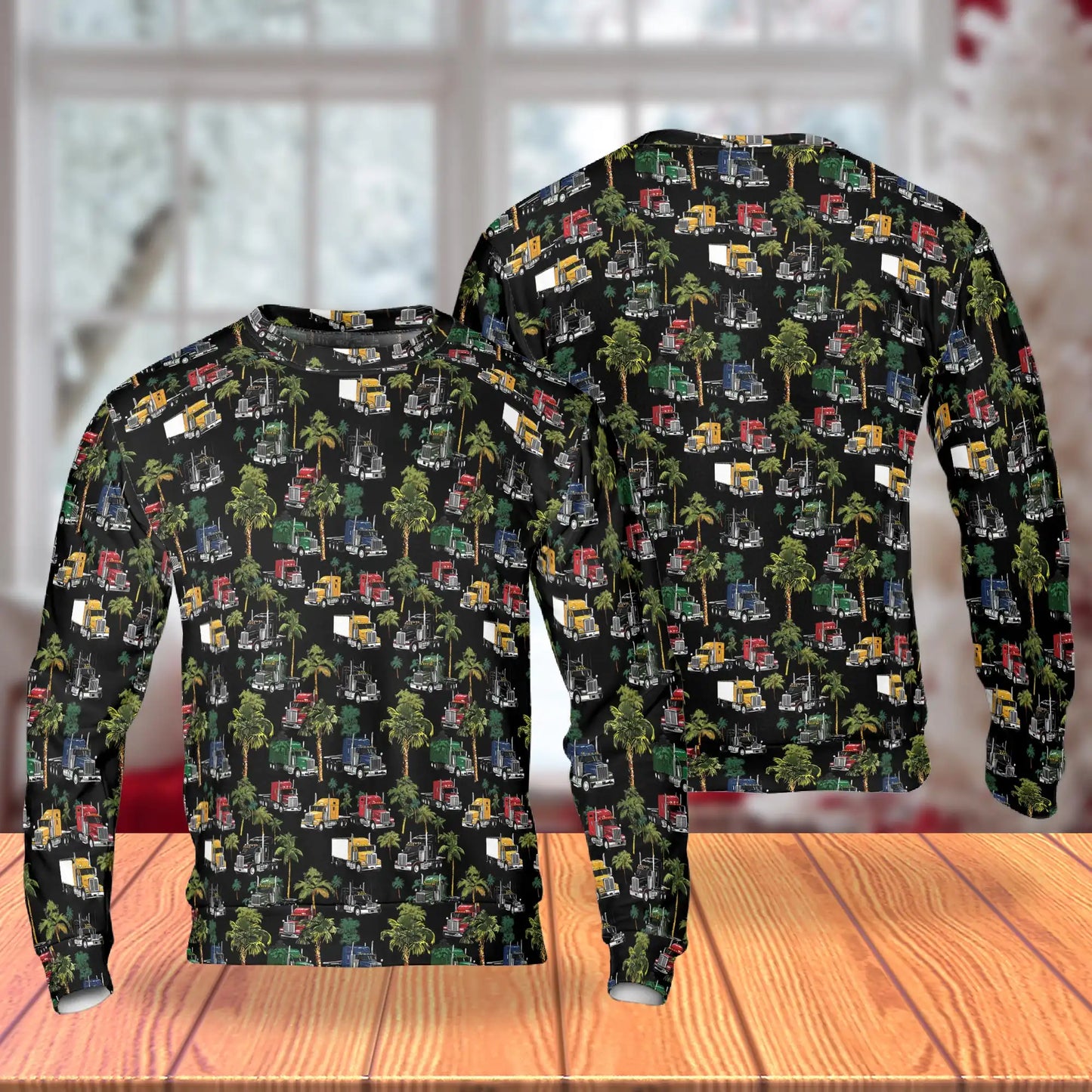 Semi Truck Palm Tree Sweatshirt, 3D All Over Print Tropical Trucker Crewneck Pullover for Men Women, Truck Driver Gift - Netecom