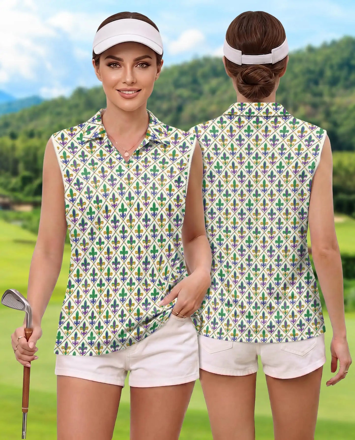 Mardi Gras Fleur de Lis Pattern Sleeveless Polo Shirt for Women | Netecom