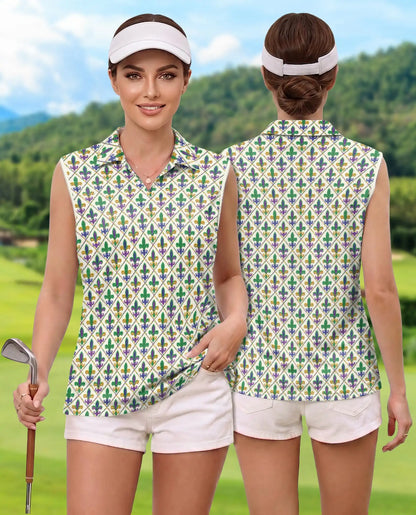 Mardi Gras Fleur de Lis Pattern Sleeveless Polo Shirt for Women | Netecom