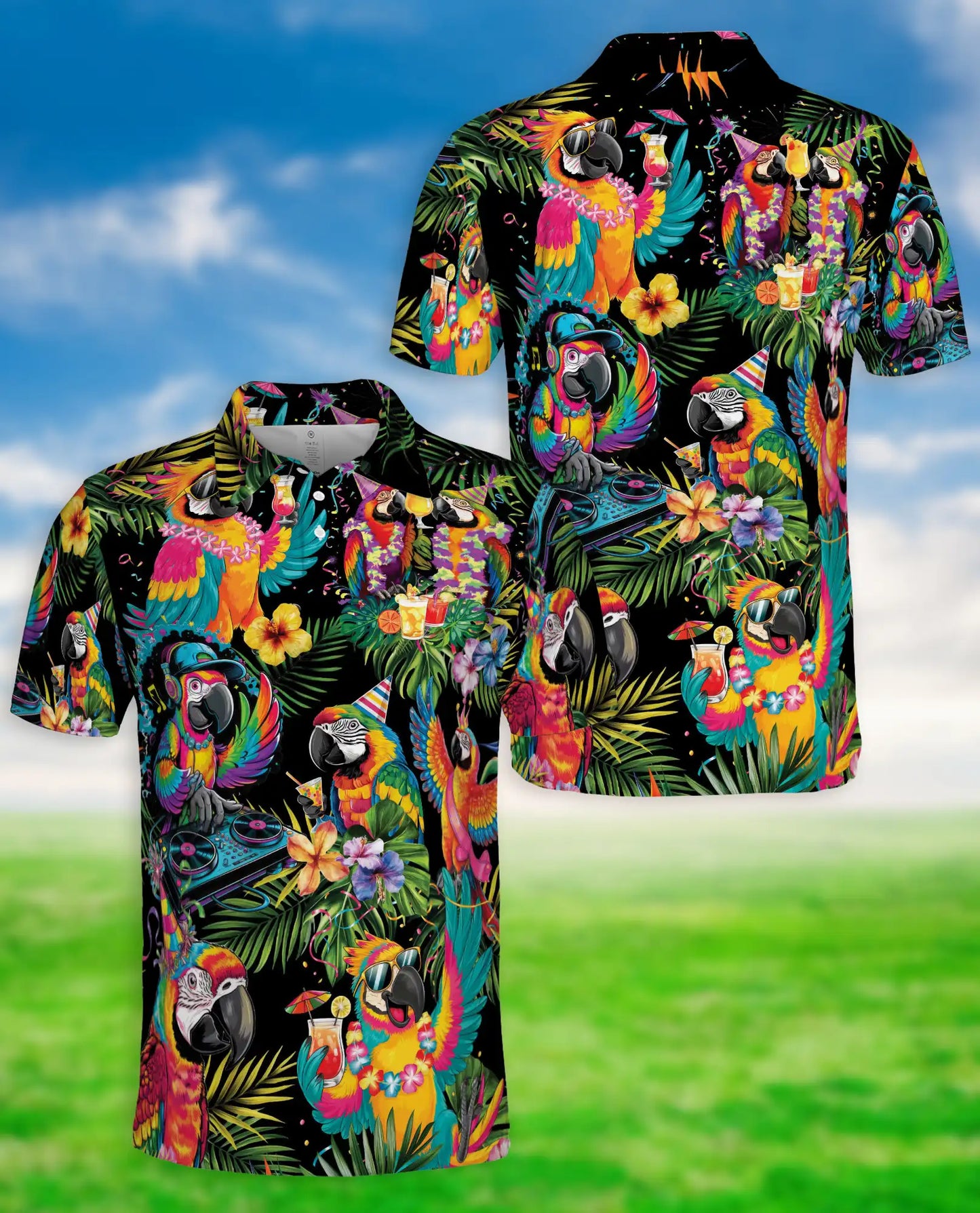 Tropical Party Parrot Polo Shirt Colorful Macaw DJ Hawaiian Design | Netecom
