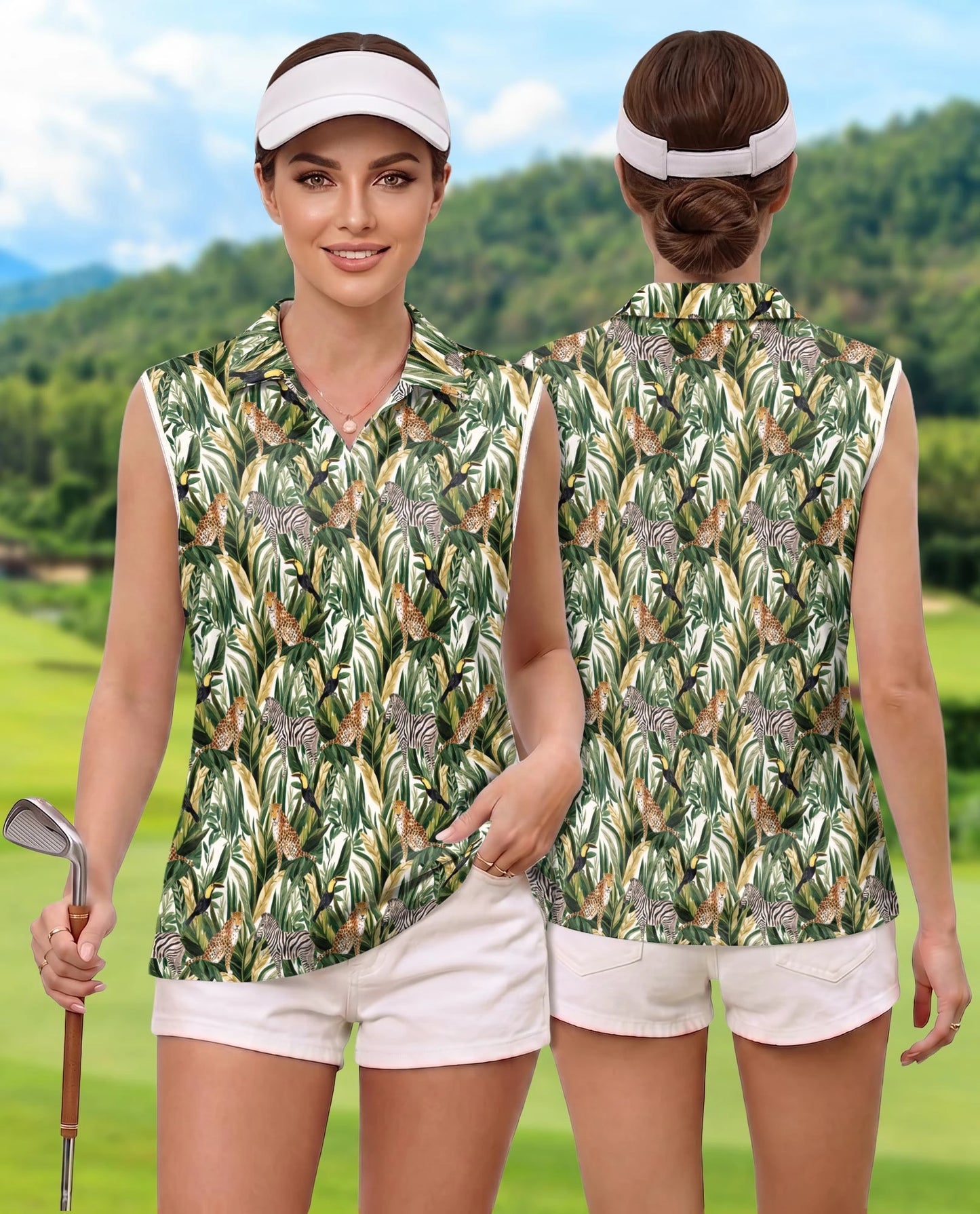 Tropical Summer Wild Animals Plants Sleeveless Polo Shirt for Women | Netecom