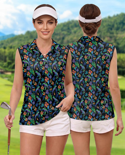 Colorful Gecko Pattern Sleeveless Polo Shirt for Women | Netecom