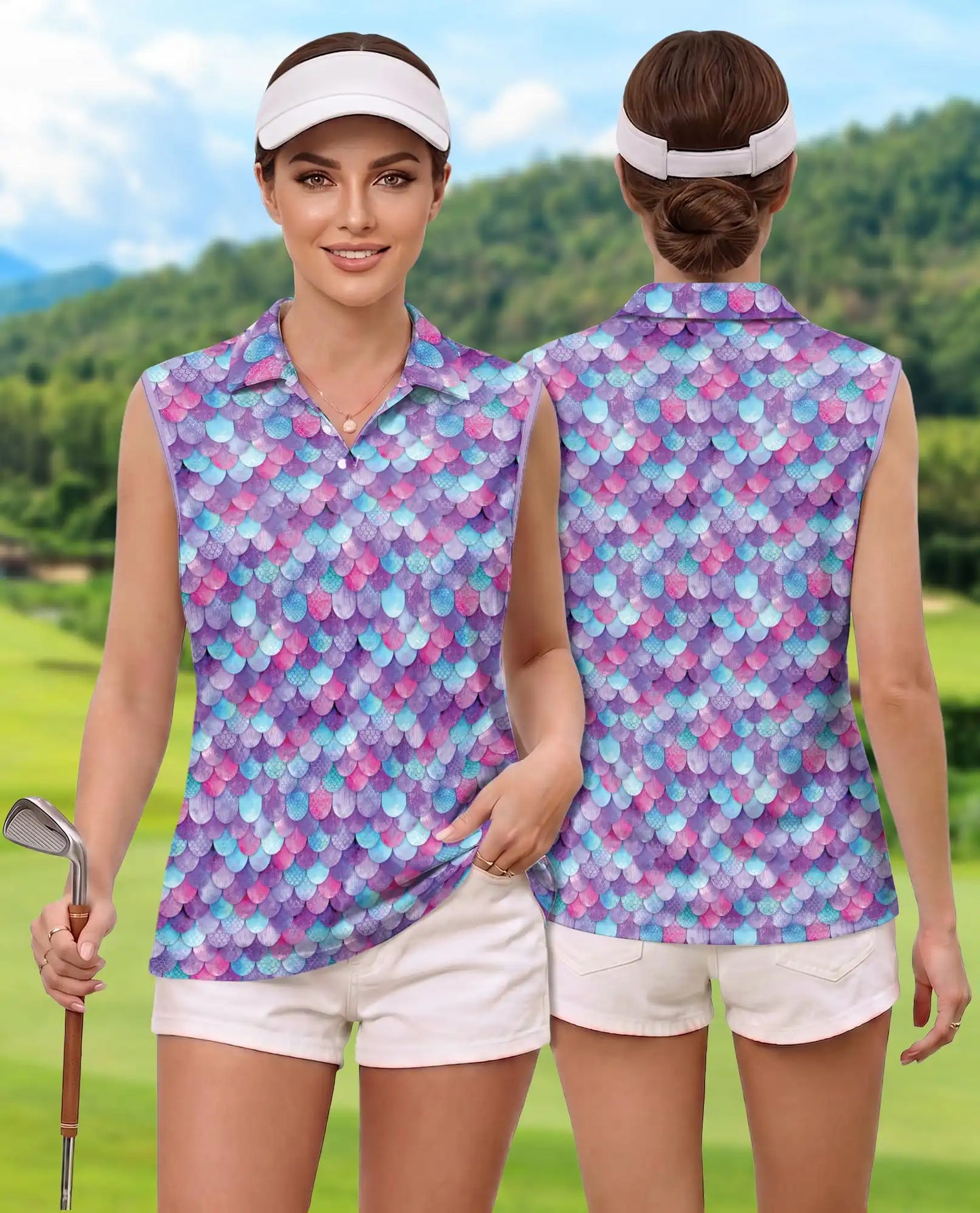 Colorful Fish Scale Pattern Sleeveless Polo Shirt for Women | Netecom