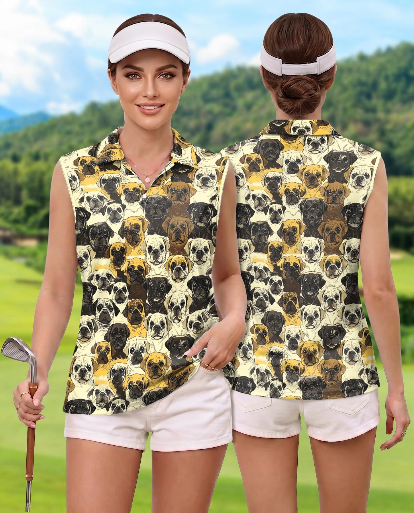 Pug Dog Pattern Sleeveless Polo Shirt for Women | Netecom