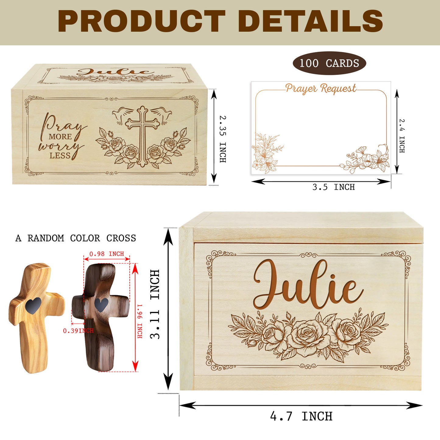 Netecom Personalized Christian Prayer Box with Custom Name on Wooden Cross – 100 Prayer Request Cards, Faith Gift for Women, Religious Keepsake for Her