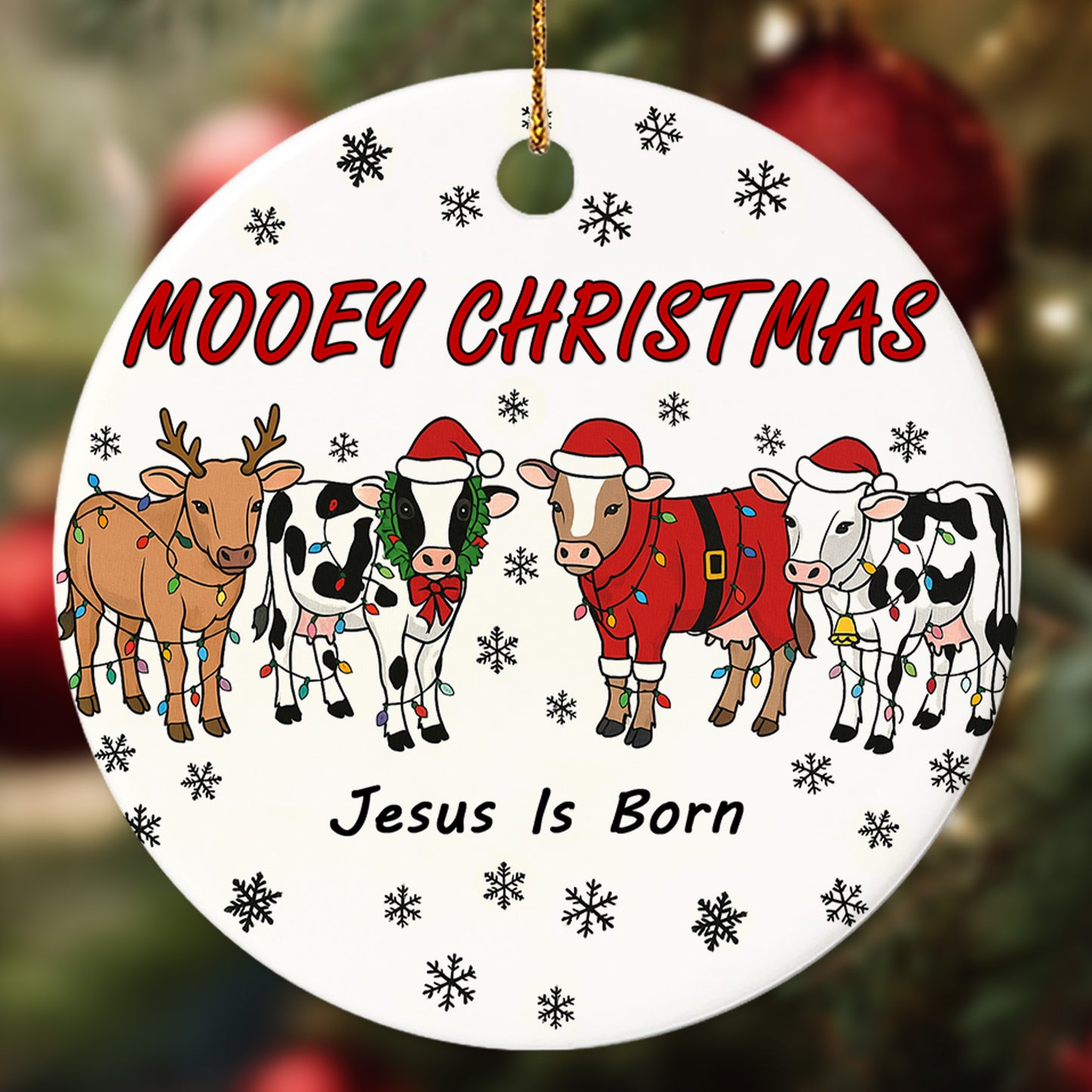 Netecom Funny Cow Christmas Ornament, Mooey Christmas Ceramic Ornament for Xmas Tree Hanging Decorations Gift, Farmer Gifts, Holiday Party Present