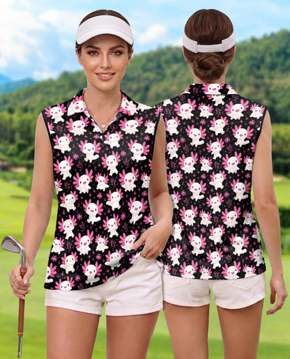 Axolotl Pattern Sleeveless Polo Shirt for Women – Cute Aquatic Animal Style | Netecom