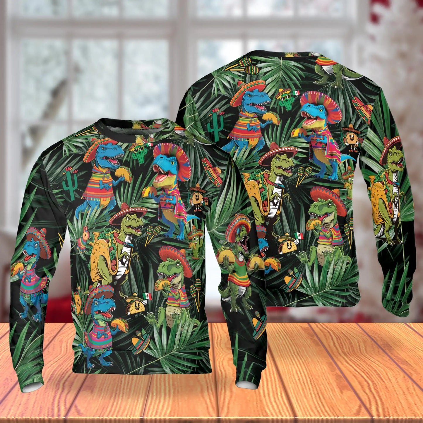 Dinosaur Sombrero Tropical Sweatshirt, 3D All Over Print Colorful Prehistoric Crewneck Pullover for Men Women, Dinosaur Lover Gift - Netecom