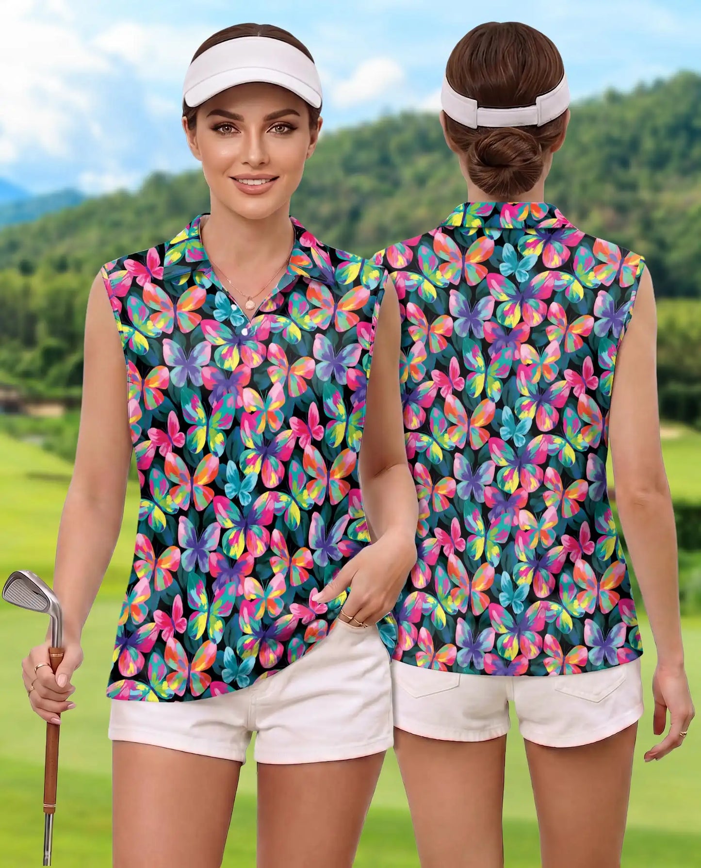 Vibrant Butterfly Pattern Sleeveless Polo Shirt for Women | Netecom
