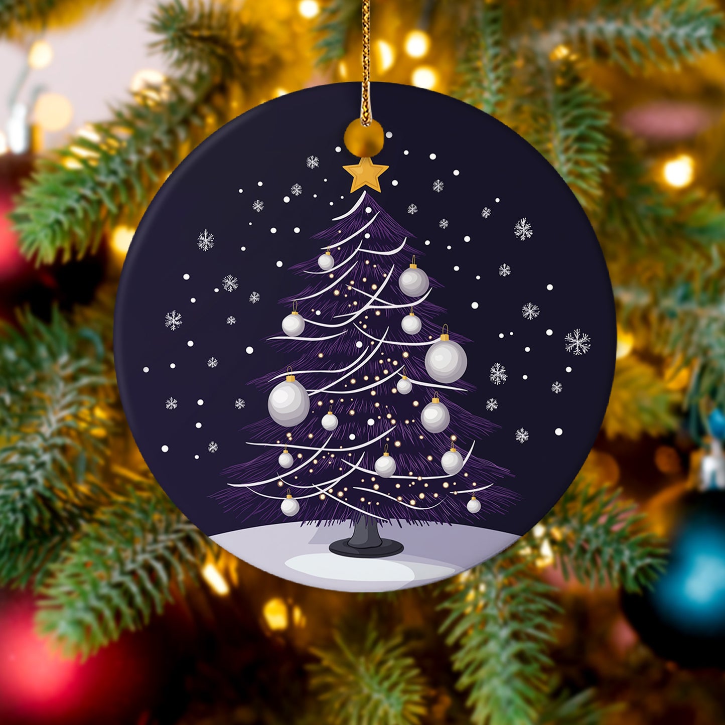 Netecom Elegant Purple Christmas Tree with White Baubles Ornaments, Ceramic Snow Night Scene Keepsake Ornament for Christmas Tree Decorations, Gifts for Holiday, Party, Home Decor
