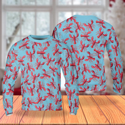 Red Lobster Pattern Sweatshirt, 3D All Over Print Nautical Seafood Crewneck Pullover for Men Women, Lobster Lover Gift - Netecom