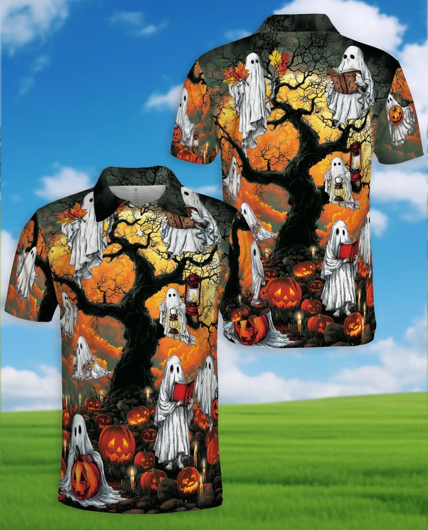 Halloween Ghost Polo Shirt – Spooky Pumpkin Patch Print | Netecom