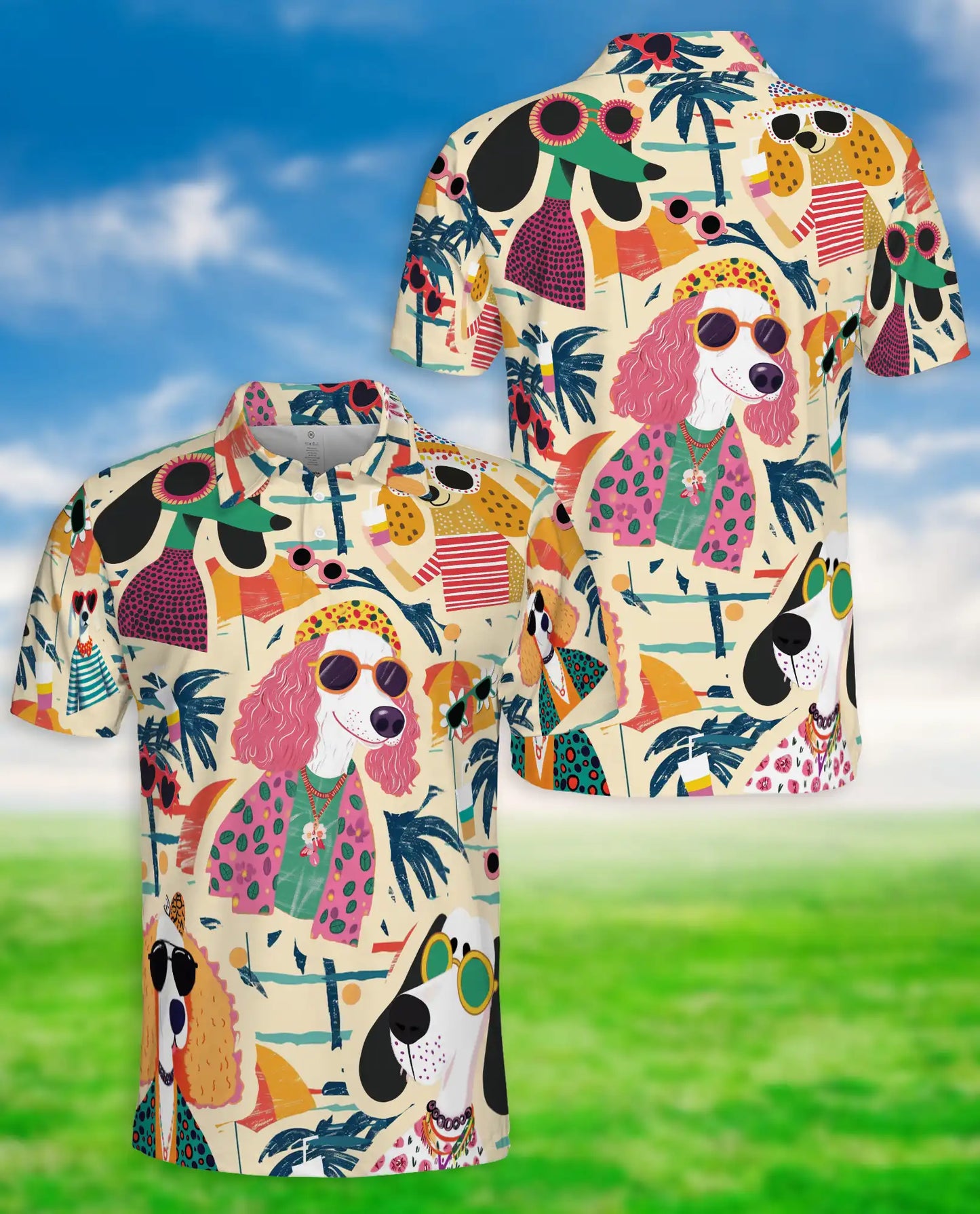 Retro Summer Stylish Dogs Beach Party Polo Shirt for Men | Netecom