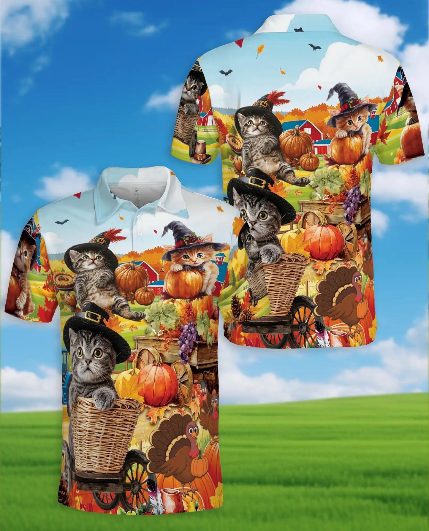 Autumn Harvest Cats Polo Shirt for Men – Cute Fall Kitten Print | Netecom