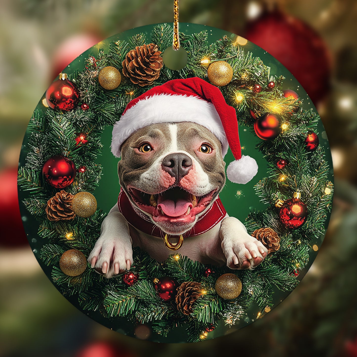 Netecom Funny Pitbull Christmas Ornament, Dog Santa Hat Ceramic Ornament for Xmas Tree Hanging Decorations Gift, Puppy Lover Gifts, Home Decor, Holiday Party Present