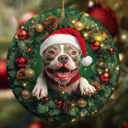 Netecom Funny Pitbull Christmas Ornament, Dog Santa Hat Ceramic Ornament for Xmas Tree Hanging Decorations Gift, Puppy Lover Gifts, Home Decor, Holiday Party Present