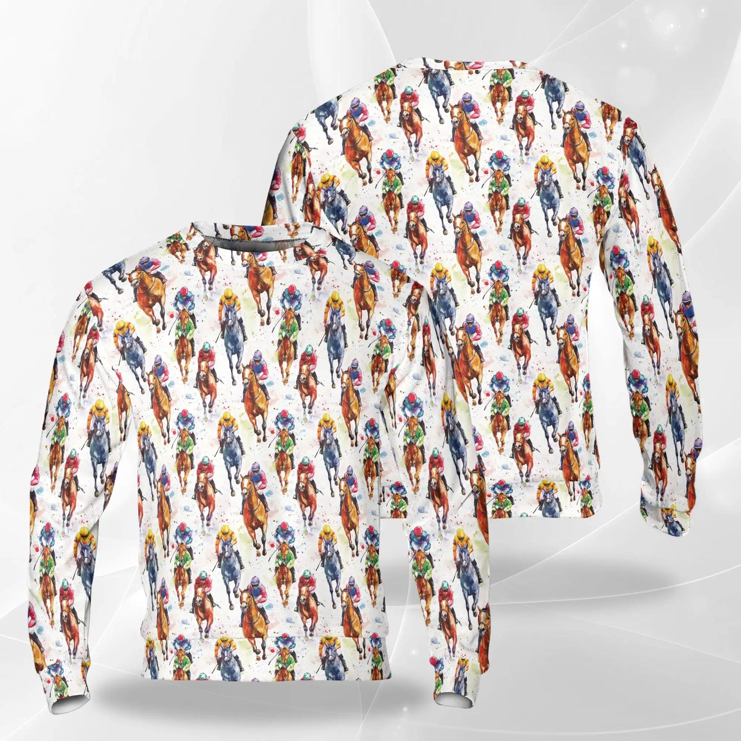 Watercolor Horse Racing Pattern Sweatshirt, 3D All Over Print Equestrian Sports Crewneck Pullover for Men Women, Horse Racing Lover Gift - Netecom