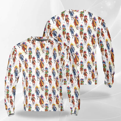 Watercolor Horse Racing Pattern Sweatshirt, 3D All Over Print Equestrian Sports Crewneck Pullover for Men Women, Horse Racing Lover Gift - Netecom