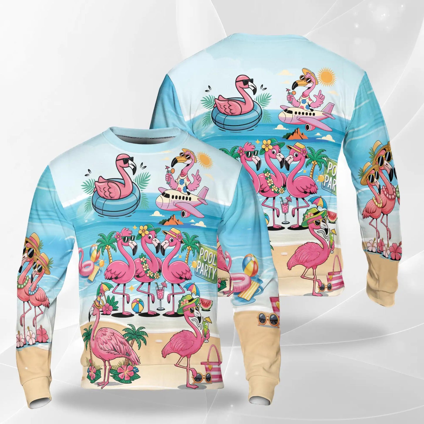 Flamingo Cocktails Beach Sweatshirt, 3D All Over Print Tropical Summer Crewneck Pullover for Men Women, Flamingo Lover Gift - Netecom