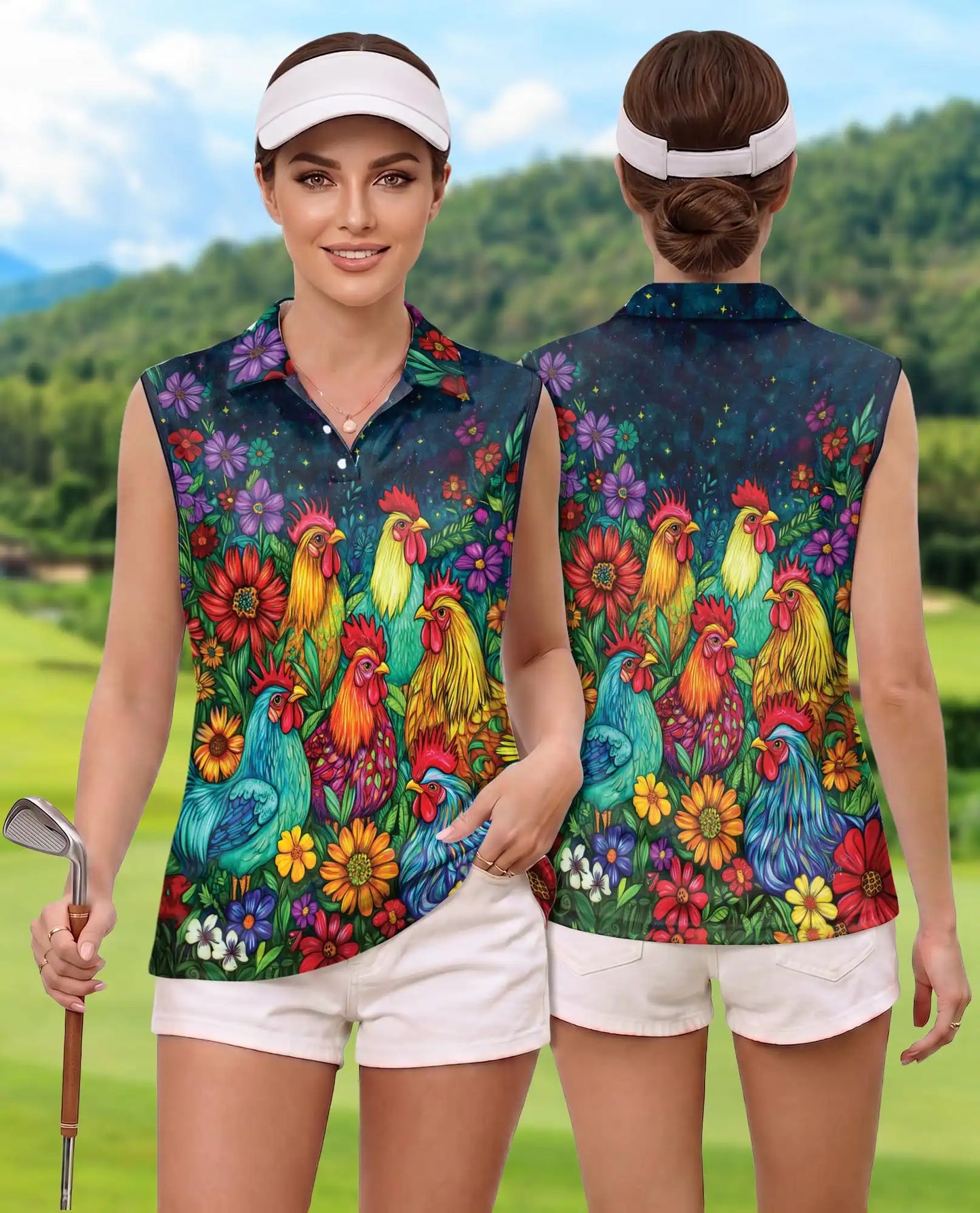 Colorful Chicken Farm Summer Sleeveless Polo Shirt for Women  | Netecom