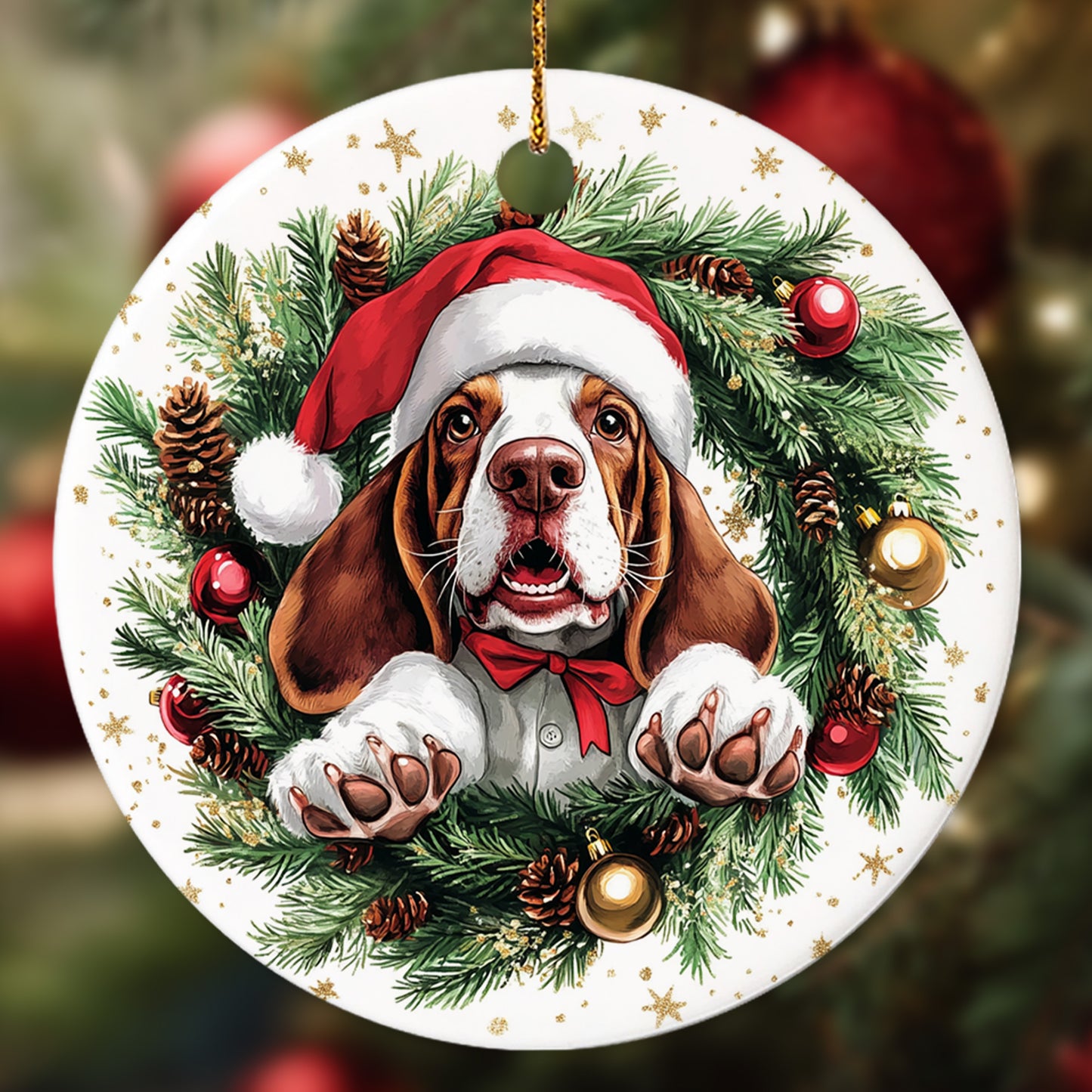 Netecom Funny Basset Hound in Santa Hat Christmas Ornament, Puppy Ceramic Ornament for Xmas Tree Hanging Decorations Gift, Dog Lover Gifts, Holiday Party Present