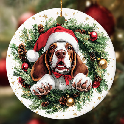 Netecom Funny Basset Hound in Santa Hat Christmas Ornament, Puppy Ceramic Ornament for Xmas Tree Hanging Decorations Gift, Dog Lover Gifts, Holiday Party Present