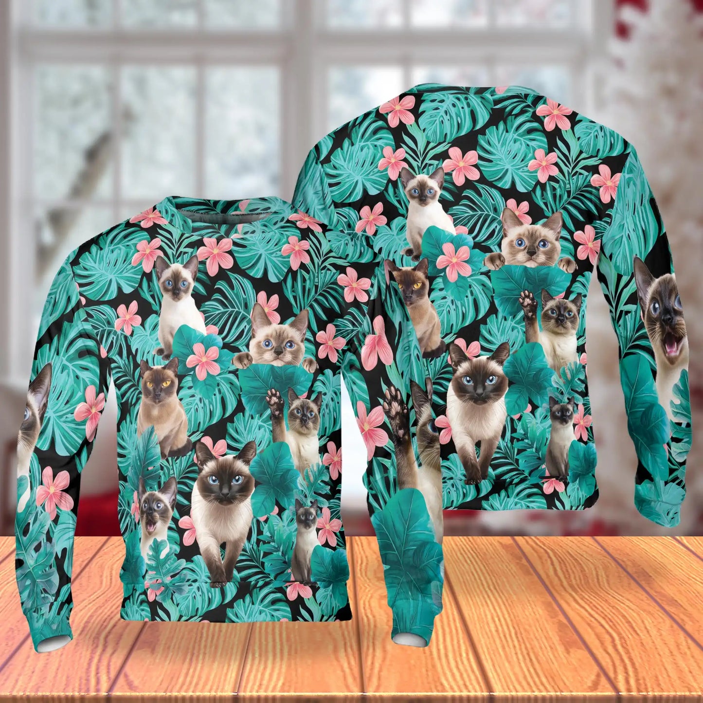 Tropical Siamese Cat Sweatshirt, 3D All Over Print Beach Cat Crewneck Pullover for Men Women, Siamese Cat Lover Gift - Netecom