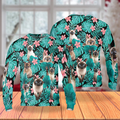 Tropical Siamese Cat Sweatshirt, 3D All Over Print Beach Cat Crewneck Pullover for Men Women, Siamese Cat Lover Gift - Netecom