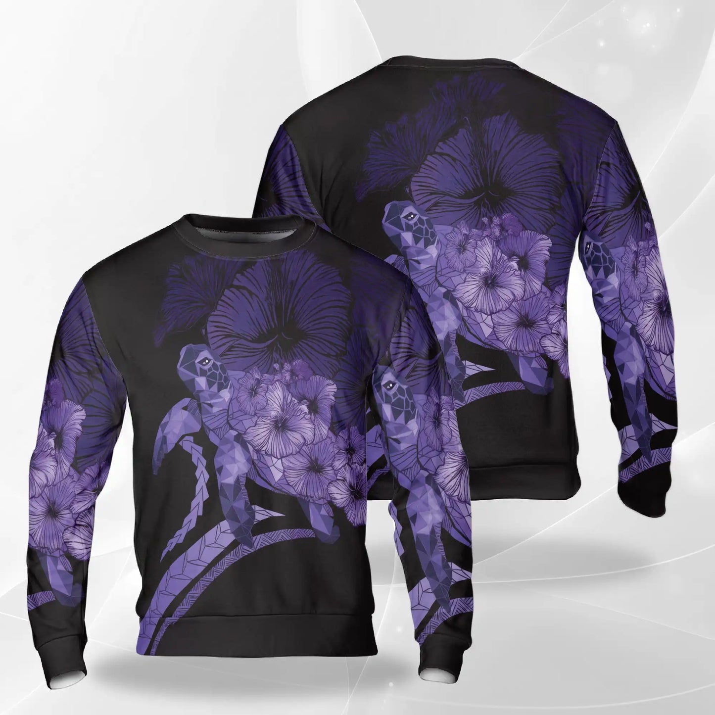 Polynesian Sea Turtle Flower Purple Sweatshirt, 3D All Over Print Tropical Tribal Crewneck Pullover for Men Women, Sea Turtle Lover Gift - Netecom