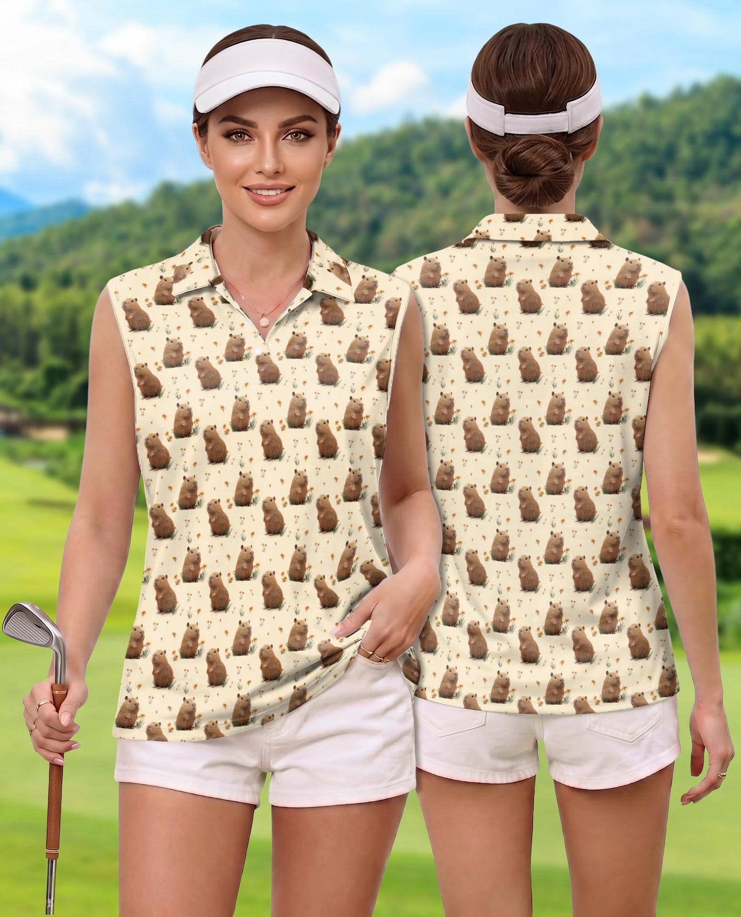 Capybara Pattern Sleeveless Polo Shirt for Women | Netecom