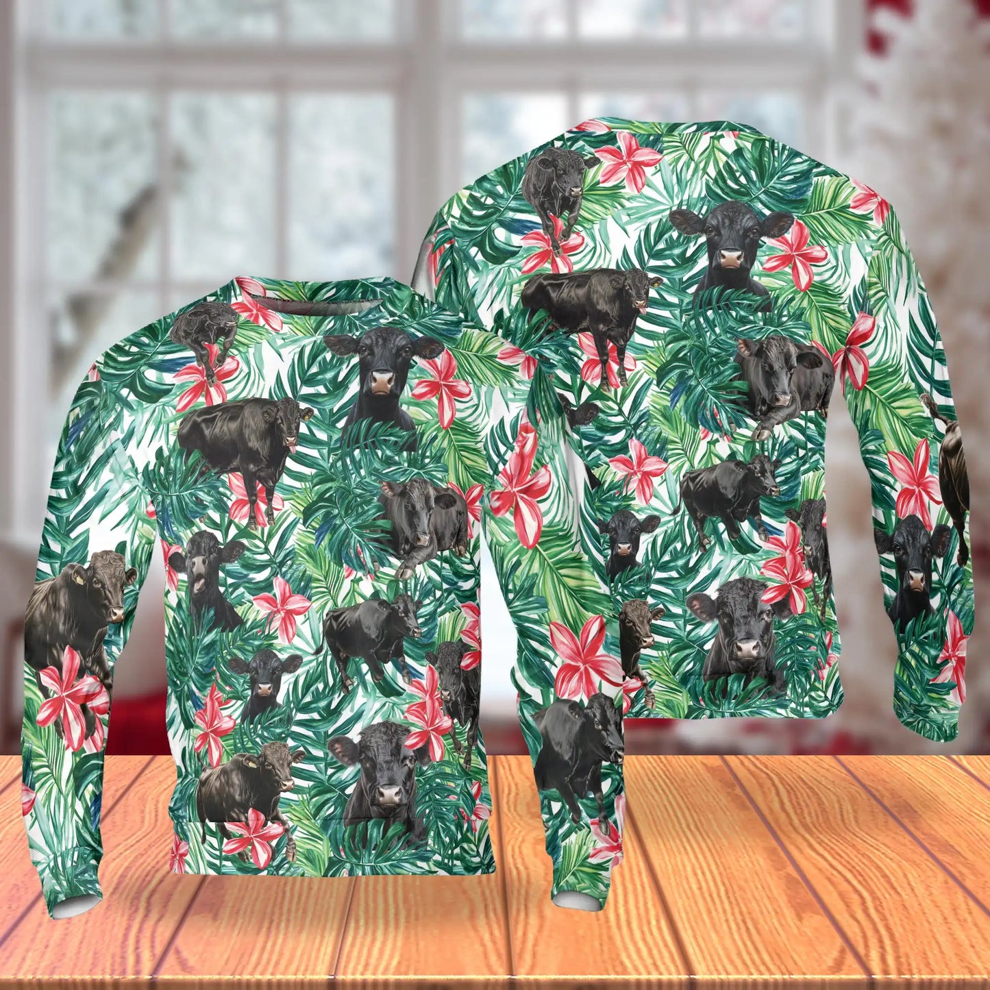 Black Angus Cow Tropical Floral Sweatshirt, 3D All Over Print Farm Animal Flower Crewneck Pullover for Men Women, Cattle Lover Gift - Netecom