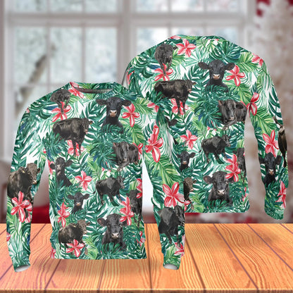 Black Angus Cow Tropical Floral Sweatshirt, 3D All Over Print Farm Animal Flower Crewneck Pullover for Men Women, Cattle Lover Gift - Netecom