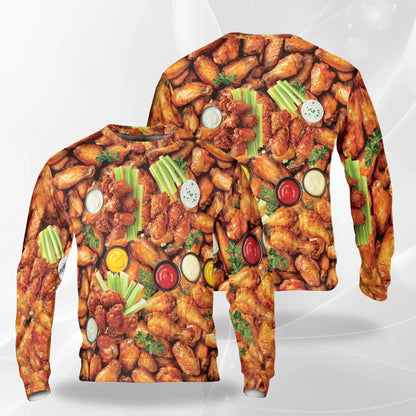 Chicken Wing Sweatshirt, 3D All Over Print Fried Chicken Food Crewneck Pullover for Men Women, Chicken Wing Lover Gift - Netecom