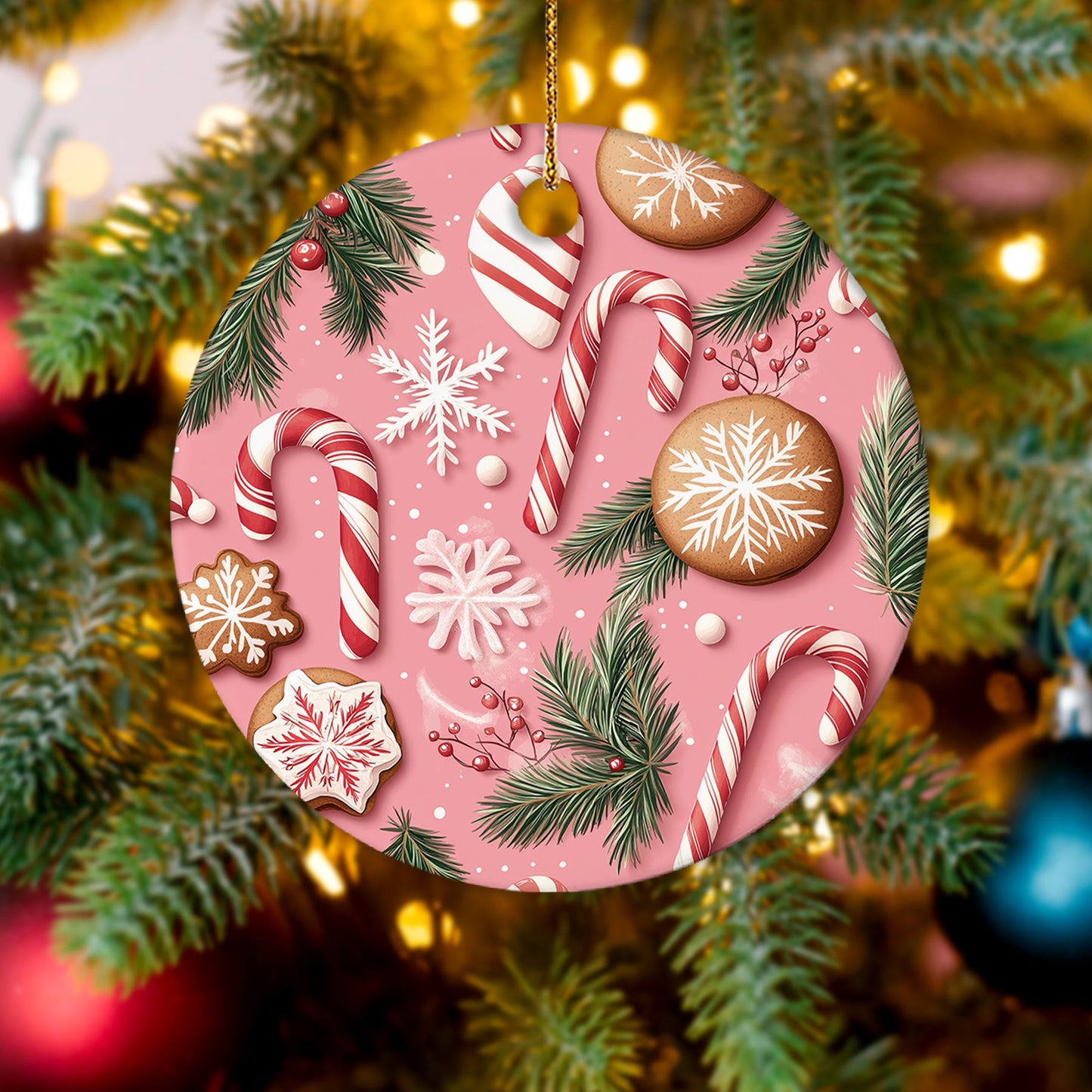 Netecom Funny Pink Holiday Sweets Christmas Ornament, Ceramic Candy Canes and Gingerbread Cookies Keepsake Ornament for Xmas Tree Decorations, Gifts for Holiday, Party, Home Decor