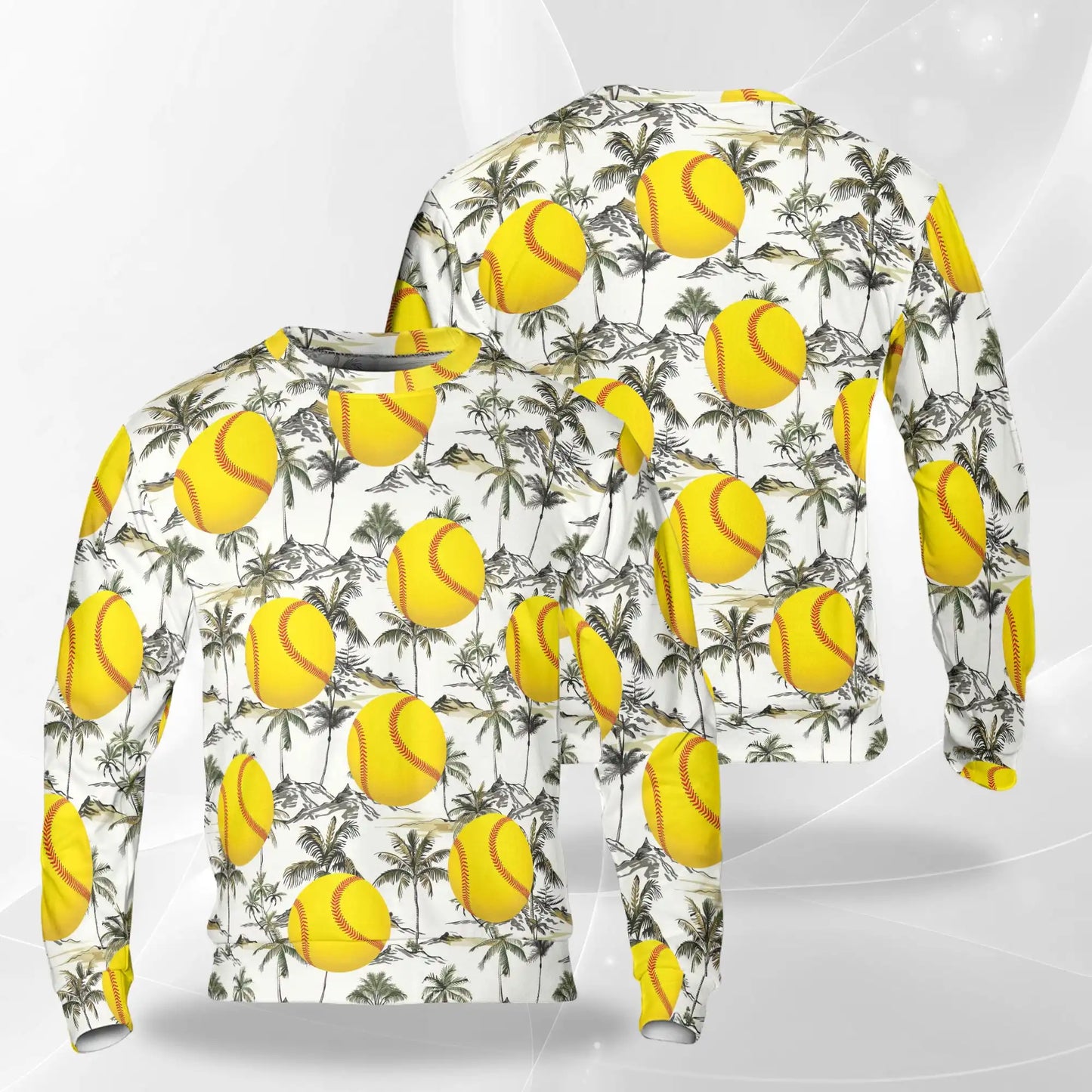 Yellow Softball Palm Tree Sweatshirt, 3D All Over Print Tropical Sports Crewneck Pullover for Men Women, Softball Lover Gift - Netecom