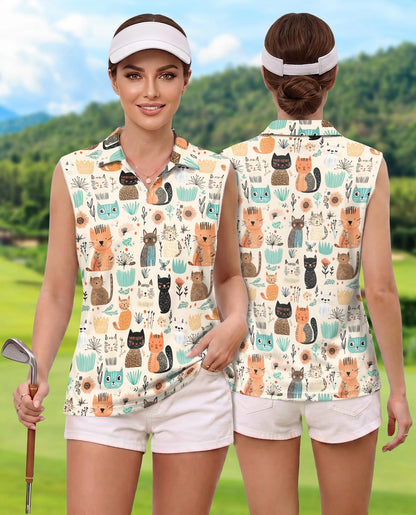 Cat Abstract Trees and Flowers Sleeveless Polo Shirt for Women | Netecom