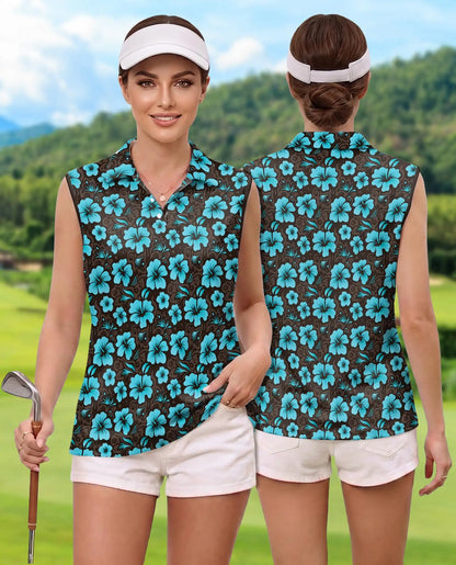 Cyan Hibiscus Print Sleeveless Polo Shirt for Women | Netecom
