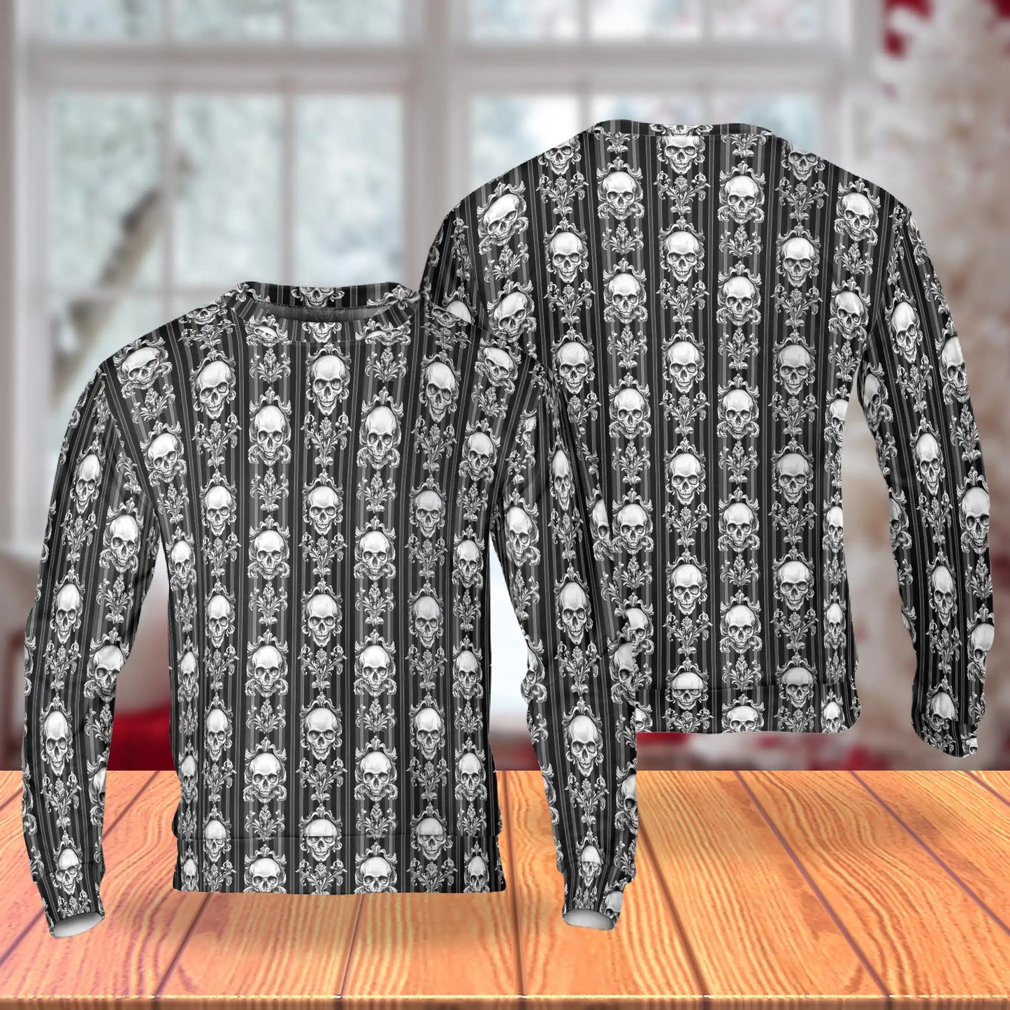 Black White Skull Sweatshirt, 3D All Over Print Gothic Skull Crewneck Pullover for Men Women, Biker Skeleton Lover Gift - Netecom
