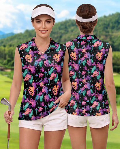 Neon Mushroom Leaves Sleeveless Polo Shirt for Women – Colorful Nature Style | Netecom