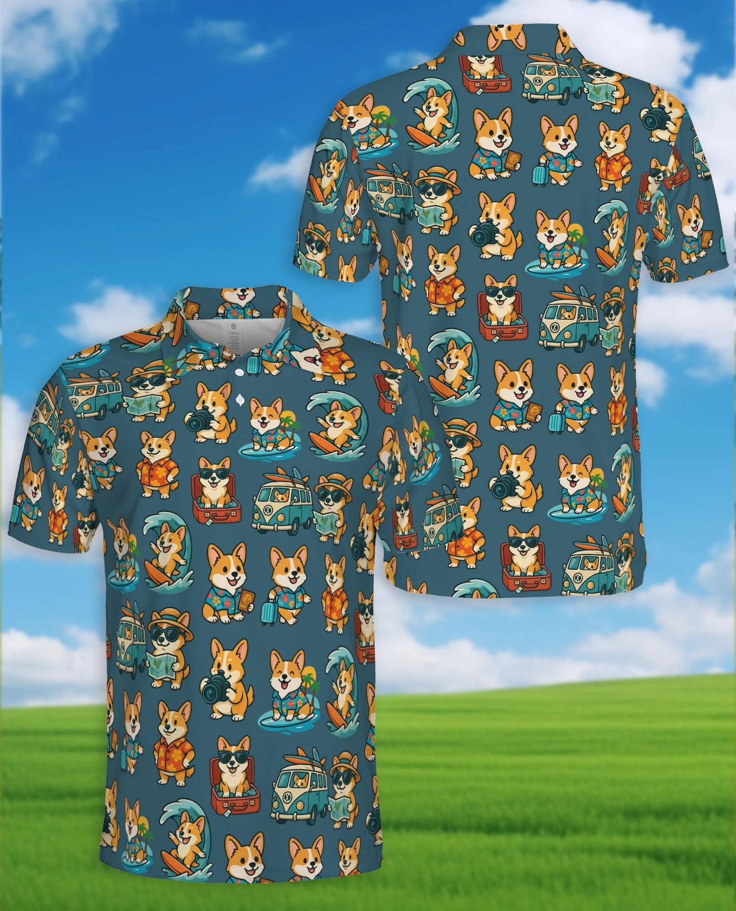 Cartoon Corgi Surfing Polo Shirt for Men – Cute Dog Beach Style | Netecom
