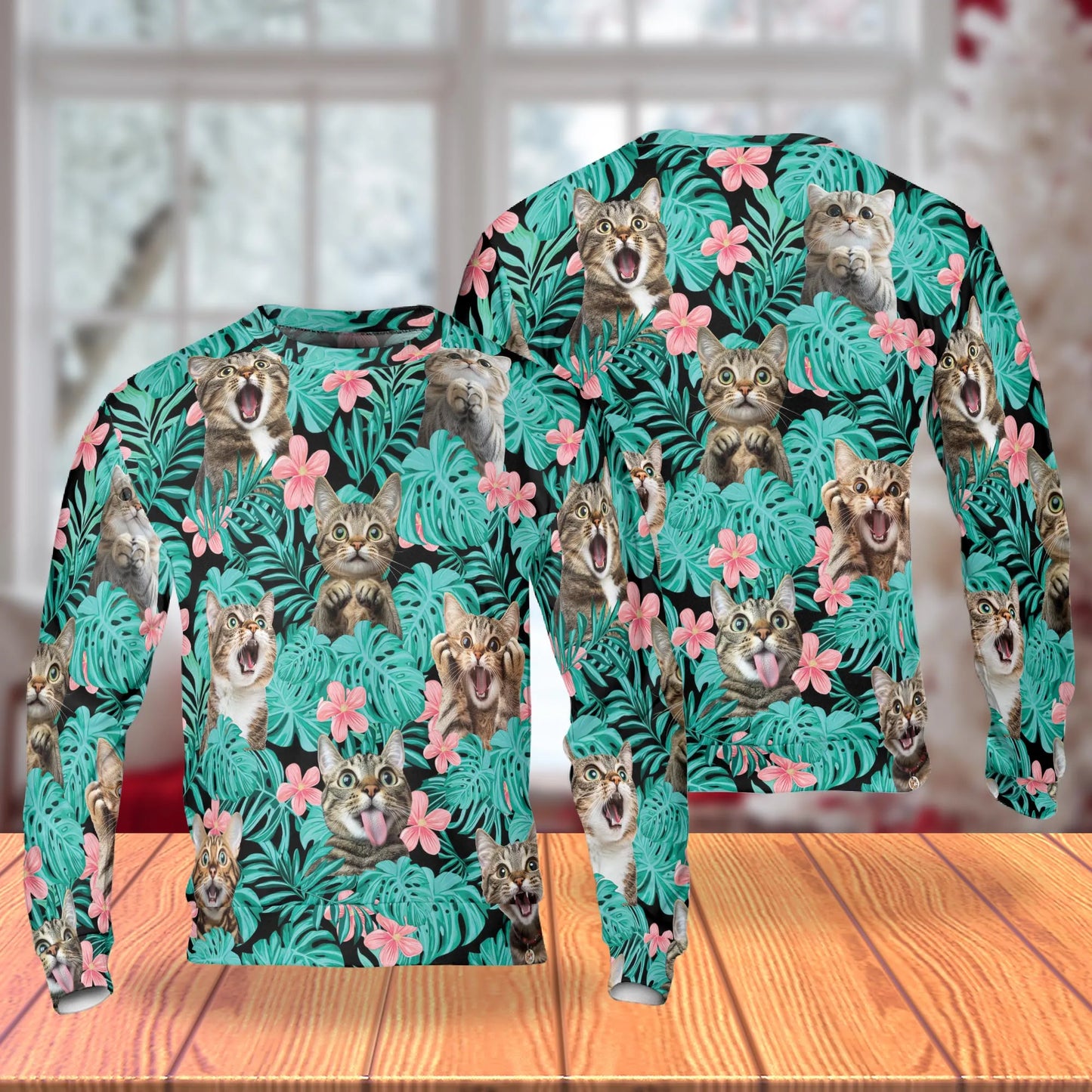 Tropical Cat and Flower Sweatshirt, 3D All Over Print Floral Cat Crewneck Pullover for Men Women, Cat Lover Gift - Netecom