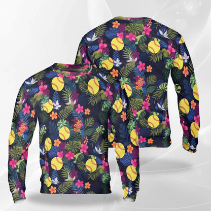 Softball Hibiscus Sweatshirt, 3D All Over Print Floral Softball Crewneck Pullover for Men Women, Softball Lover Gift - Netecom