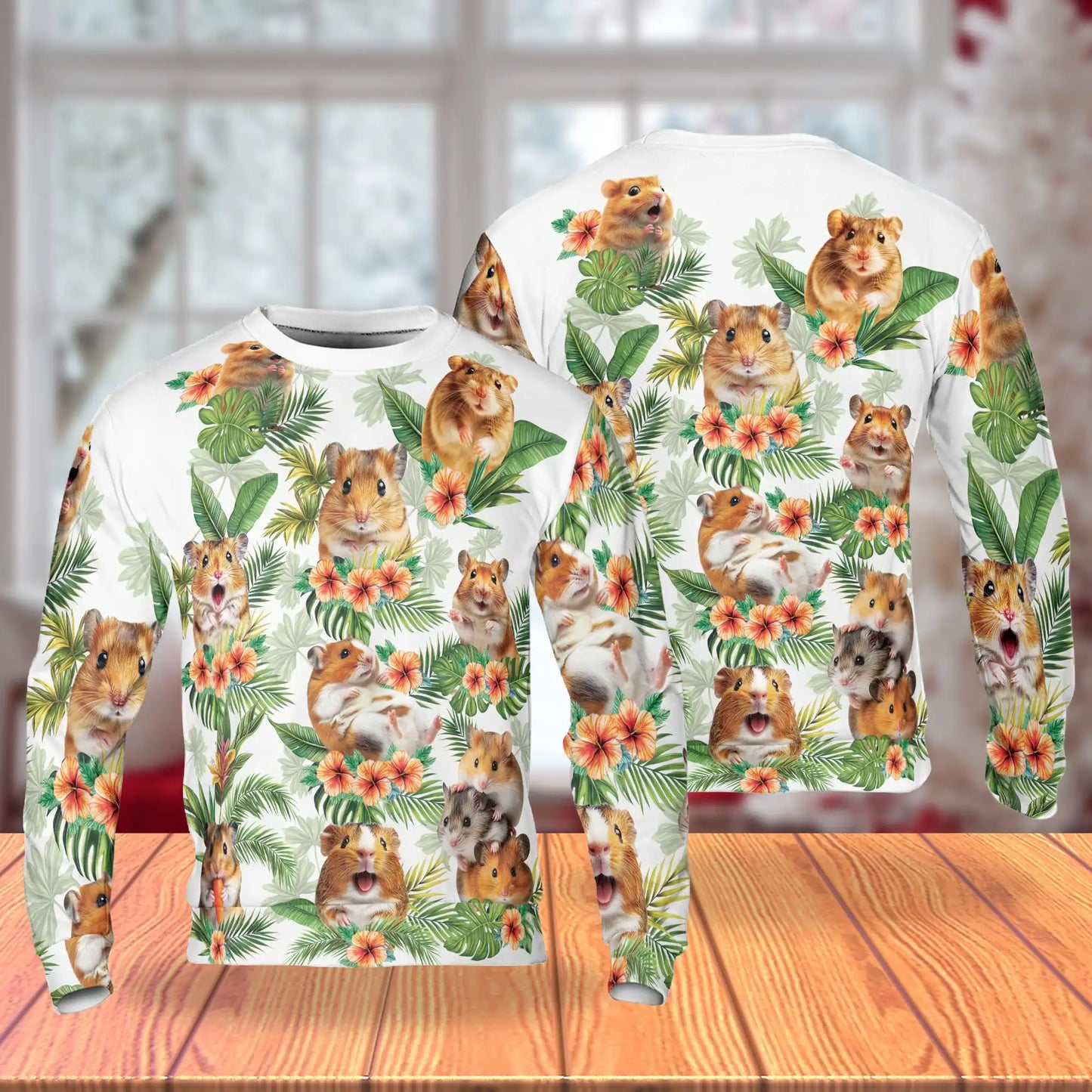 Hamsters Tropical Vintage Sweatshirt, 3D All Over Print Retro Animal Crewneck Pullover for Men Women, Hamster Lover Gift - Netecom