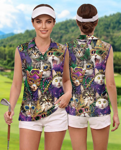 Cats Mardi Gras Carnival Sleeveless Polo Shirt for Women | Netecom