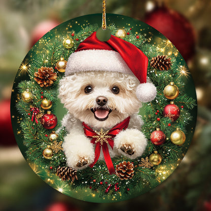 Netecom Cute Bichon Frise Christmas Ornament, Dog Santa Hat Ceramic Ornament for Xmas Tree Hanging Decorations Gift, Puppy Lover Gifts, Home Decor, Holiday Party Present