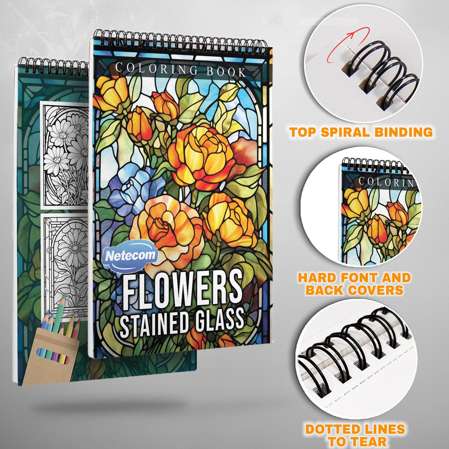 Flowers Stained Glass Spiral Bound Coloring Book, Vibrant Flower Designs in Stained Glass Style, Perfect for Botanical Lovers Seeking a Colorful Challenge